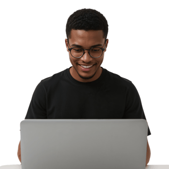Focused individual working diligently on a laptop with a bright and positive expression in png