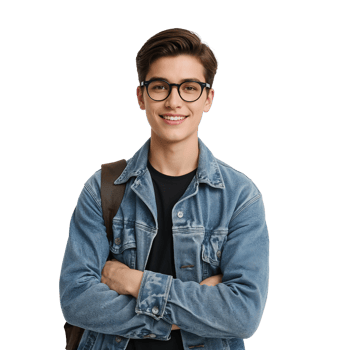 Confident young man with glasses and denim jacket posing with arms crossed isolated against solid png