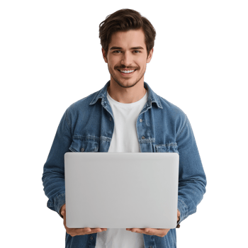Smiling young man holding a laptop, radiating positivity against an isolated setting png