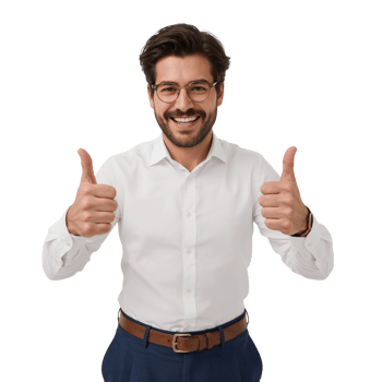 Enthusiastic man in glasses gives a double thumbs up with isolated transparent backdrop png