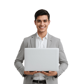 Confident professional presenting technology solution, ready to innovate with modern digital png