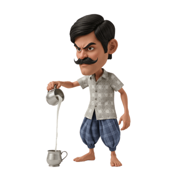 Animated character with a stern expression and distinctive mustache, pouring liquid against png
