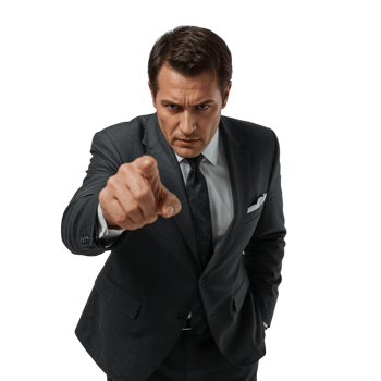 Demanding executive gesturing forward with strong eye contact and assertive posture on transparent png