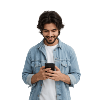 Man absorbed in smartphone with isolated presentation for modern communication concept and easy png