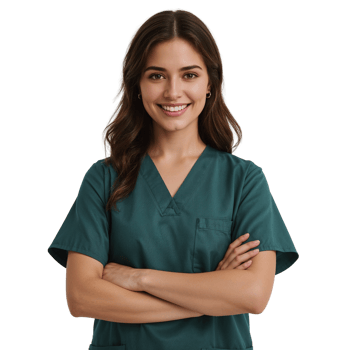 Confident female healthcare professional in scrubs, portrait, arms crossed, isolated transparent png