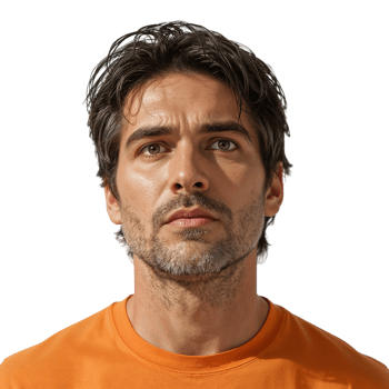 Contemplative man portrait, thoughtful gaze on an isolated transparent stage lighting portrait, png