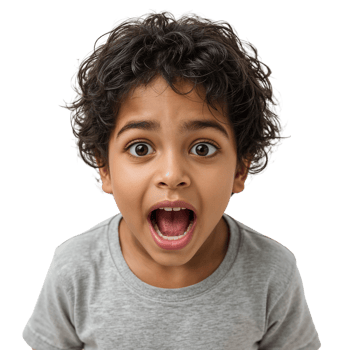 Captivating close-up of an expressive young boy with curly hair showing surprise and excitement on png