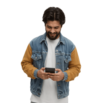 Smiling man immersed in his smartphone against a modern isolated transparent canvas png