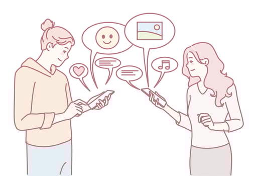Friends chatting with smartphones vector