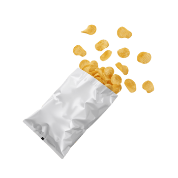 Crispy corn chips spilling from a blank, white bag with a clean presentation and an isolated feel png