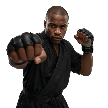 Focused martial artist delivers a powerful punch in a dynamic studio portrait on transparent png