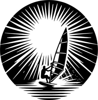 Radiant sunburst crowns a charging sailor, sail ablaze in dazzling light-rays vector