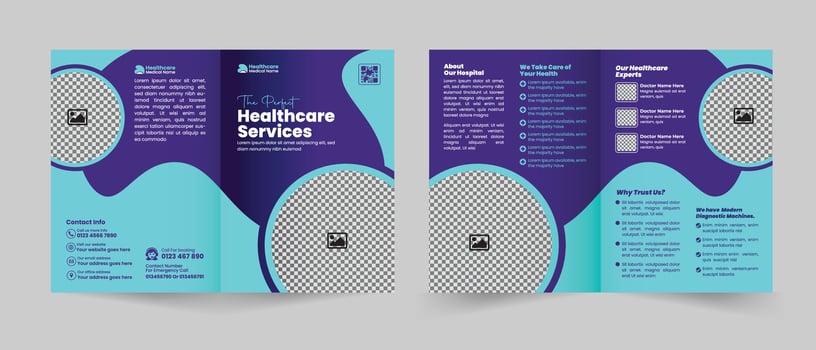 Hospital and Diagnostic Center Bifold Brochure Template or Healthcare Services Promotion Design with Multipurpose Page Layout vector