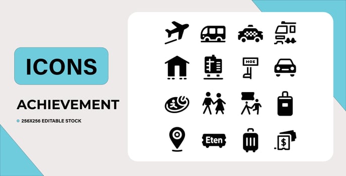 Art of collection of travel and adventure icons, including a globe, suitcase, binoculars, compass, map, ship, tent, and camera, isolated on white background vector