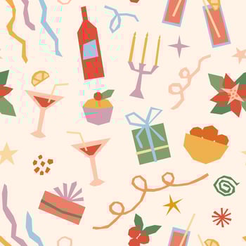 Cute Christmas party seamless pattern. Modern festive xmas design with poinsettia, wine bottle, cocktail glass, gift box on pastel pink background. Happy New year celebration geometric style vector