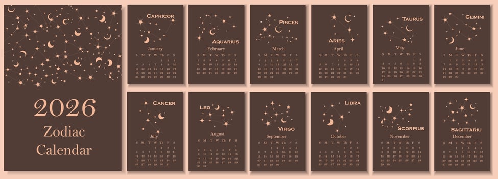 2026 calendar. Calendar concept design with constellation of the zodiac vector