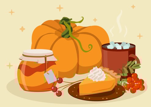 Pumpkin pie and hot chocolate on a table vector