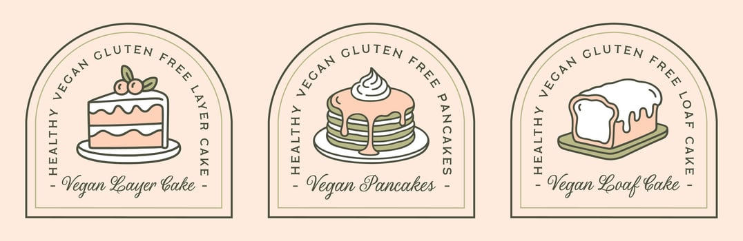 Vegan cakes gluten free healthy desserts plant based loaf layer cake pancakes logo label sticker pack fancy retro green aesthetic homemade whole food treats drawing printable design vector