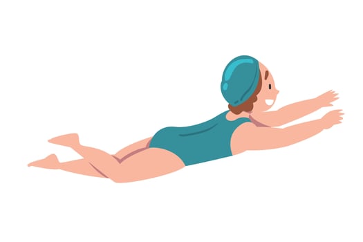 Little Girl Swimming in Pool, Cute Kid Dressed Blue Swimsuit and Cap Learning to Swim or Taking Part at Competition Cartoon Style Illustration vector