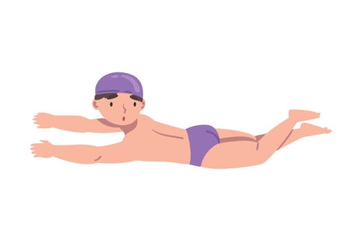 Cute Little Boy Swimming in Pool, Kid Dressed Swimwear Learning to Swim or Taking Part at Competition Cartoon Style Illustration vector