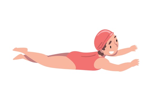 Cheerful Girl Swimming in Pool, Cute Kid Dressed Swimwear and Cap Learning to Swim or Taking Part at Competition Cartoon Style Illustration vector