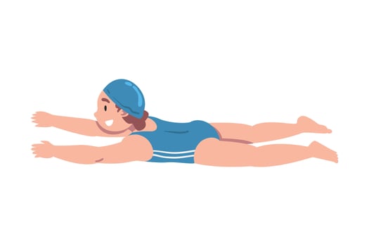 Smiling Girl Swimming in Pool, Cute Kid Dressed Blue Swimwear and Cap Learning to Swim or Taking Part at Competition Cartoon Style Illustration vector