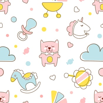 Cute Kids Toys Seamless Pattern in Pastel Colors, Endless Repeating Print Can be Used for Background, Wallpaper, Textile, Packaging Design Cartoon Illustration vector