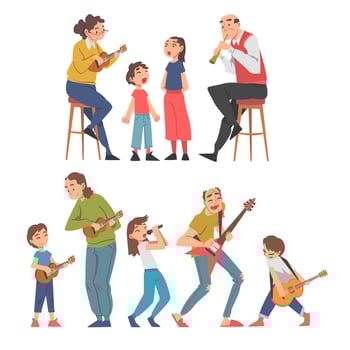 Grandparents Playing Musical Instruments with their Grandchildren Set, Happy Grandpa and Grandma Spending Good Time with Grandsons and Granddaughters Cartoon Illustration vector