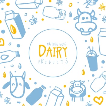 Natural Dairy Products Banner, Organic Milk Brochure, Cover, Flyer, Poster, Card Template with Hand Drawn Seamless Pattern Illustration vector