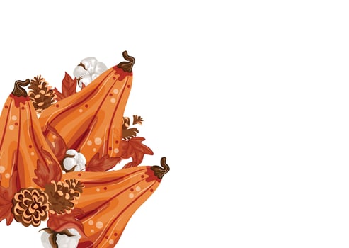 Colorful pumpkins with cotton and pinecones vector
