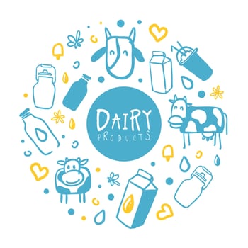 Dairy Products Banner, Organic Natural Milk Brochure, Cover, Flyer, Poster, Card, Packaging Template n Hand Drawn Illustration vector