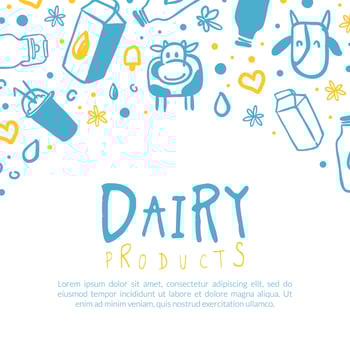 Dairy Products Banner with Space for Text, Natural Milk Food Brochure, Flyer, Poster, Card, Packaging Template Hand Drawn Illustration vector