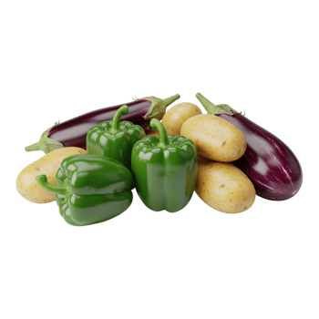 Fresh eggplants, bell peppers, and potatoes isolated on transparent background png