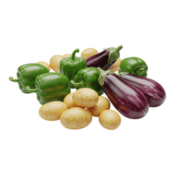 Fresh eggplants, potatoes, and green bell peppers isolated on transparent background png