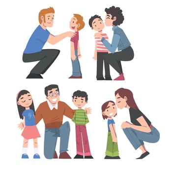 Cheerful Mom and Dad Hugging and Kissing their Little Children Set, Happy Parenthood Concept Cartoon Style Illustration vector