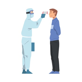 Doctor Measuring Temperature of Man with Infrared Thermometer, Medical Professional Checking Temperature to Control Coronavirus Infection Cartoon Style Illustration vector