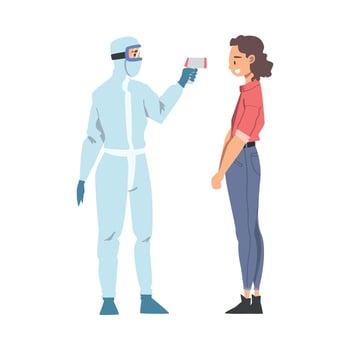 Doctor Measuring Temperature of Woman with Infrared Thermometer, Medical Professional Checking Temperature to Scrub Coronavirus Infection Cartoon Illustration vector