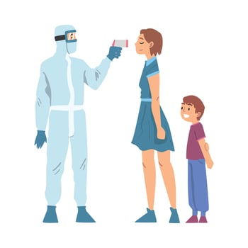 Doctor Measuring Temperature of Woman and Boy Using Non-contact Thermometer, Medical Professional Checking Temperature to Scrub Coronavirus Infection Cartoon Illustration vector