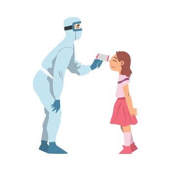 Doctor Measuring Temperature of Little Girl Using Body Temperature Scanner, Medical Professional Checking Temperature to Scrub Coronavirus Infection Cartoon Illustration vector
