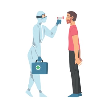 Doctor Measuring Temperature of Man Using Non-contact Scanner, Medical Professional in Protective Suit Checking Temperature to Scrub Coronavirus Infection Cartoon Illustration vector