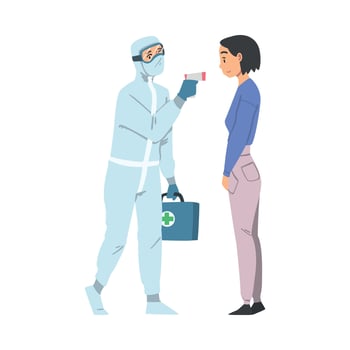 Doctor Measuring Temperature of Young Woman Using Body Scanner, Medical Professional in Protective Suit Checking Temperature to Control Coronavirus Infection Illustration vector