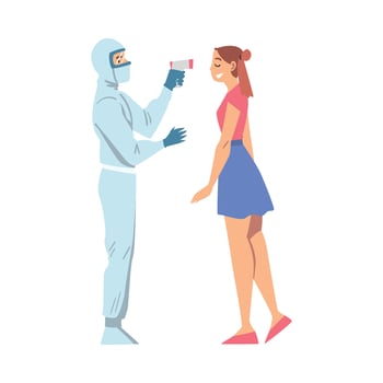 Doctor Measuring Temperature of Girl Using Body Scanner, Medical Professional in Protective Suit Checking Temperature to Scrub Coronavirus Infection Illustration vector