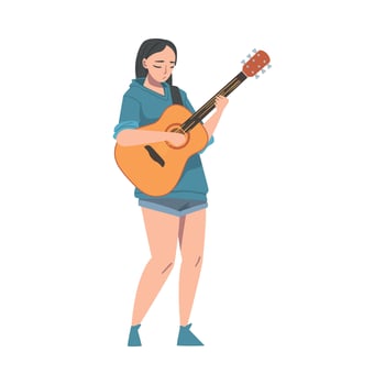 Girl Wearing Casual Clothes Playing Acoustic Guitar, Female Musician Guitarist Character Performing at Concert or Learning to Play Musical Instrument Cartoon Illustration vector