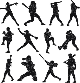 Hand drawn set of softball female players in silhouette playing hitting, swinging, catching, throwing the ball and celebrating the win vector