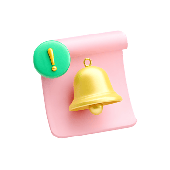 3D Rendered Glossy Bell with Notification Icon on Rolled Paper Element png