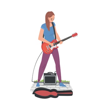 Girl Street Musician Playing Guitar with Donate Guitar Hard Case, Live Performance Concept Cartoon Style Illustration vector