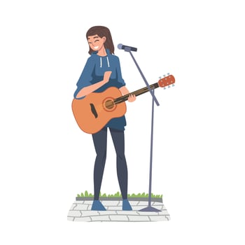 Street Female Musician Playing Acoustic Guitar, Live Performance Concept Cartoon Style Illustration vector