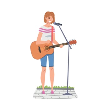 Street Female Musician Playing Acoustic Guitar and Singing, Live Performance Concept Cartoon Style Illustration vector