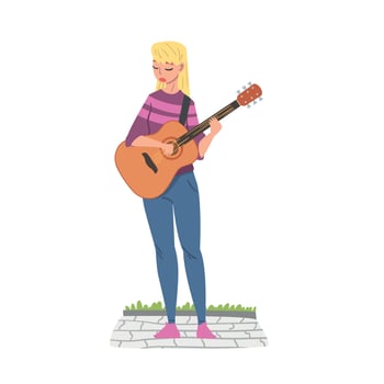 Cheerful Girl Street Guitarist Character Playing Acoustic Guitar, Live Performance Concept Cartoon Style Illustration vector