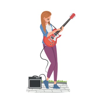 Street Female Musician Playing Electric Guitar, Live Performance Cartoon Style Illustration vector